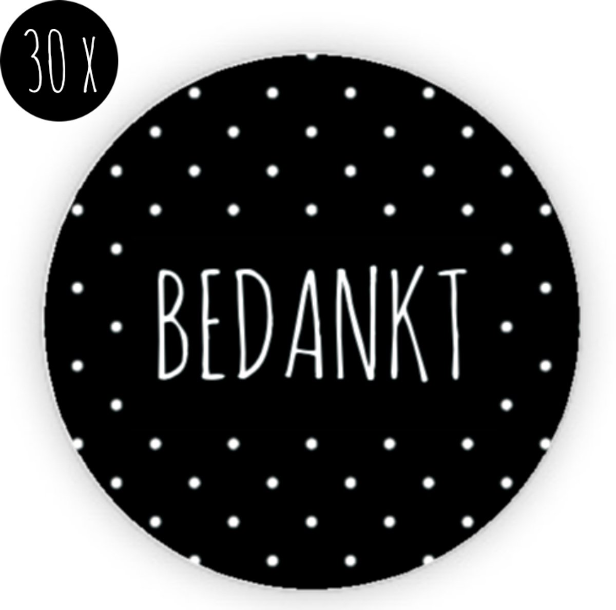 30x Sticker | BEDANKT | stippen | zwart & wit | 35 mm